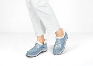 Orthofeet Lorin Hands-Free Blue Shimmer Faux Fur Slippers Women's 9.5